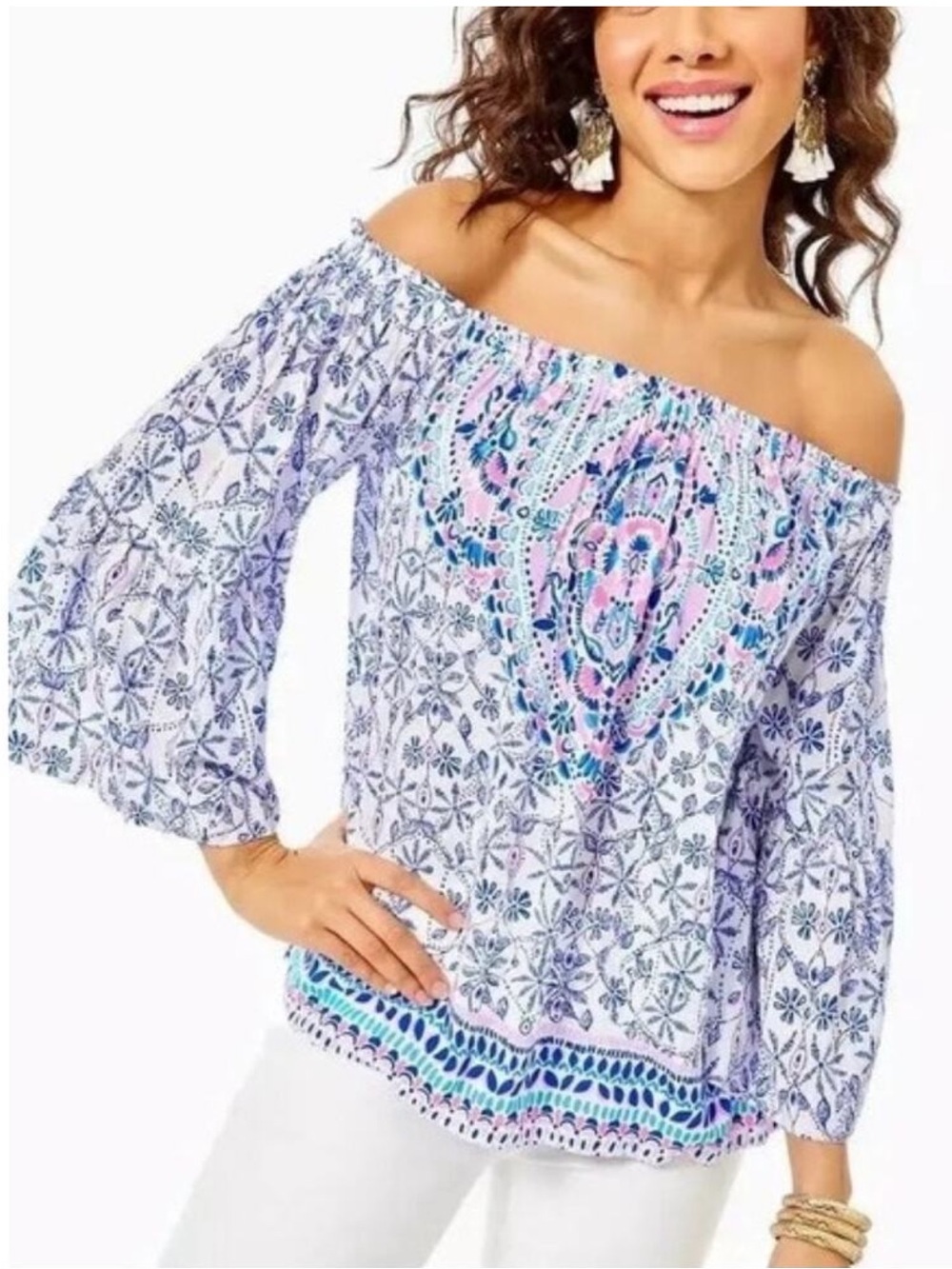 Lilly Pulitzer Nevie Off-Shoulder Top in “Time to Shine”
